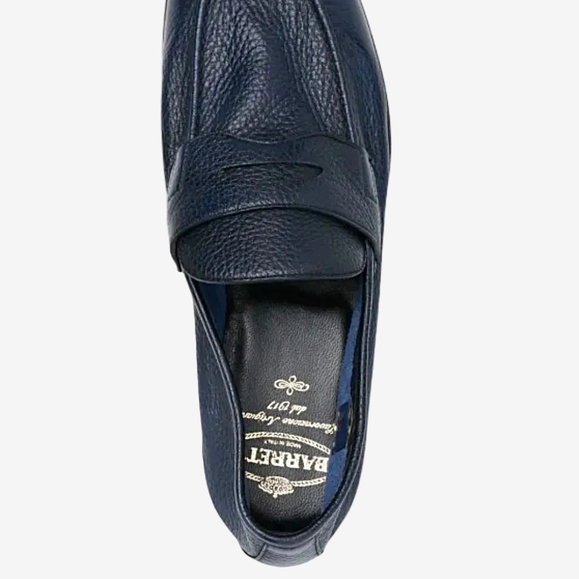     Top view of Barrett men’s navy grained deer leather penny loafers.