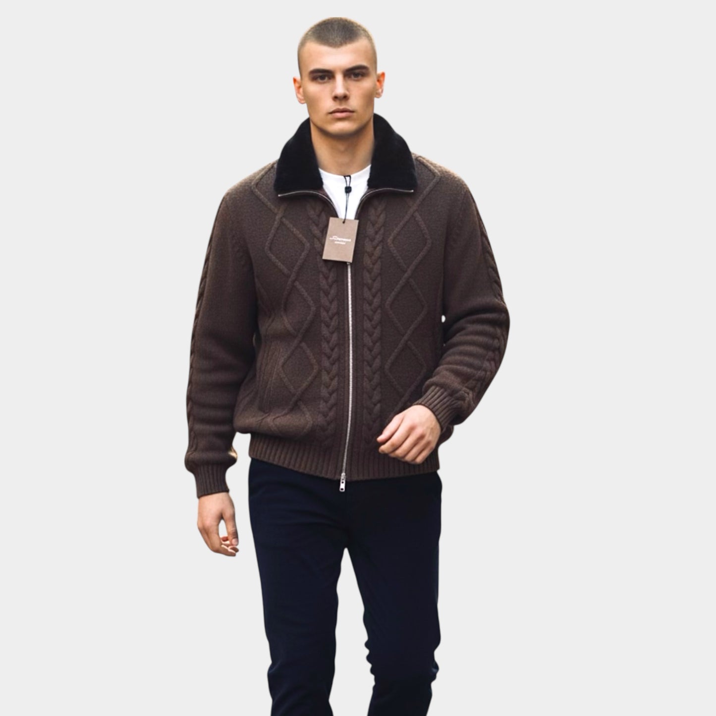Чоловічий кардиган Doriani Cashmere коричневий з кашеміру на моделі