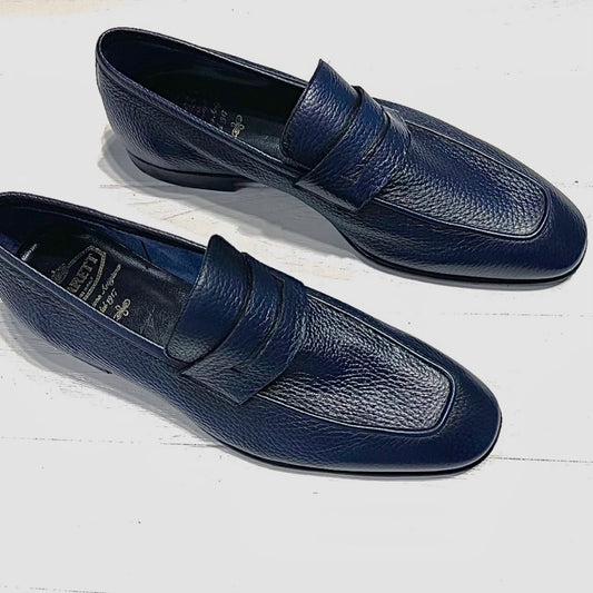     Barrett men’s navy deer leather penny loafers, front angle view.