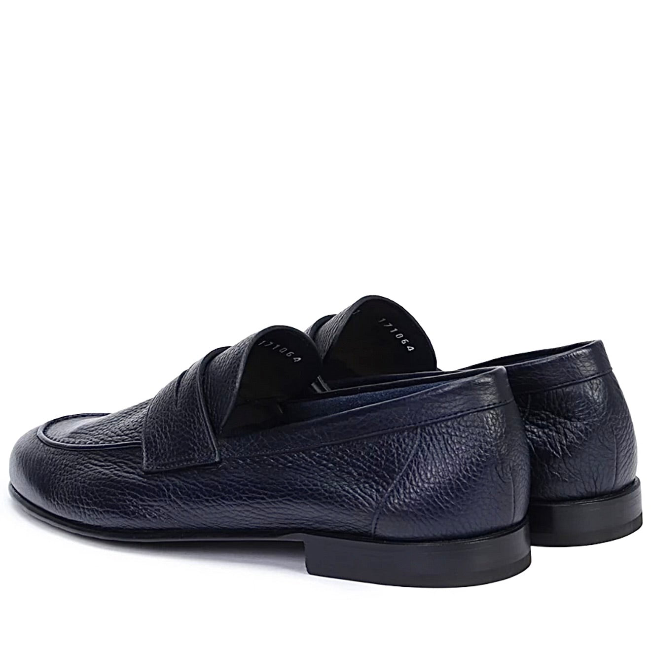     Side view of Barrett men’s navy deer leather penny loafers.