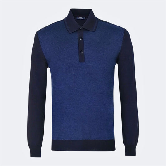 Bertolo Luxury men’s cashmere and silk polo shirt in navy blue, front view.