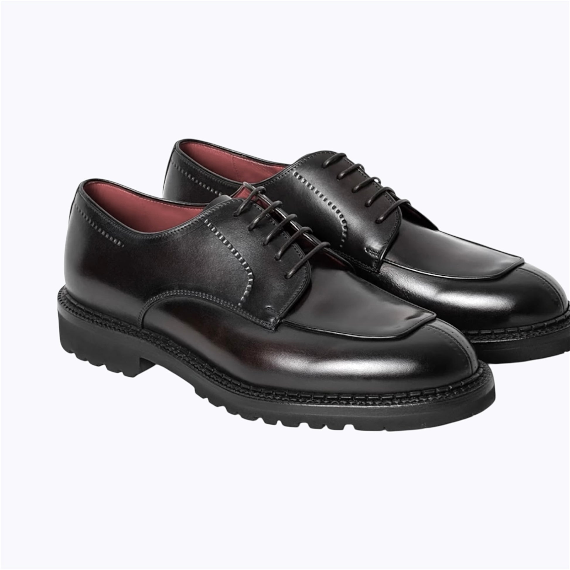 Top view of Barrett derby shoes in black cherry calf leather with Vibram sole, handmade in Italy.