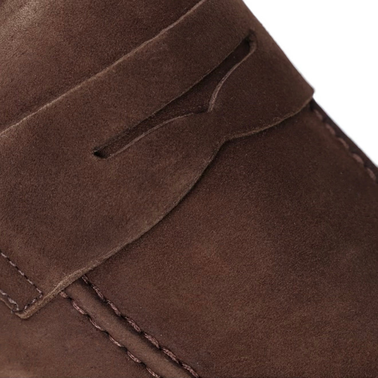 Blu Barrett brown suede loafers detail stitching close-up