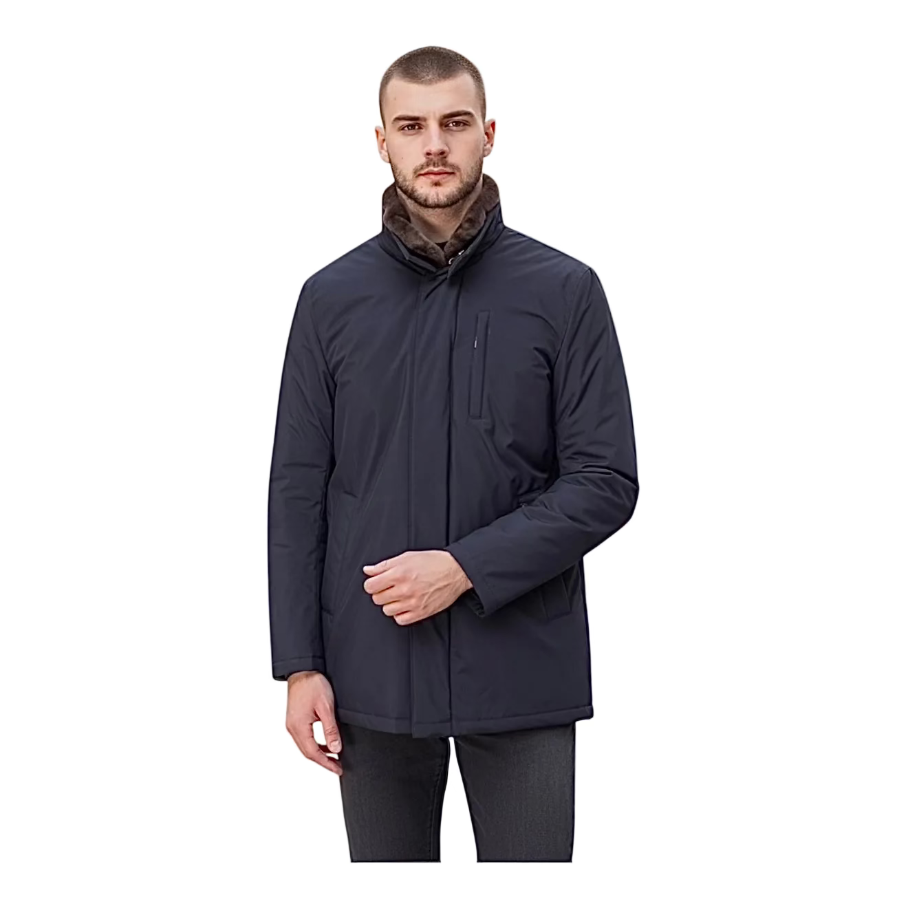 Куртка зимова LENOCI темно-синя з натуральним бобровим коміром та кашеміровою підкладкою Made in Italy