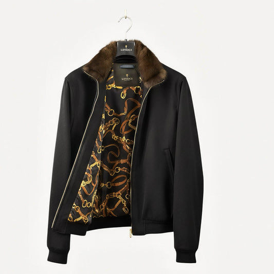 EN:
Black Lenoci men’s bomber jacket made of Loro Piana cashmere with natural sable fur collar

UA:
Чоловічий чорний бомбер Lenoci з кашеміру Loro Piana з натуральним коміром із соболя