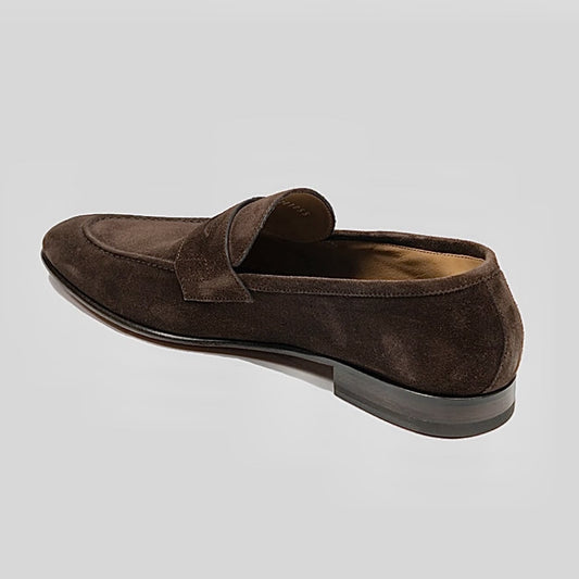 Blu Barrett brown suede penny loafers side view